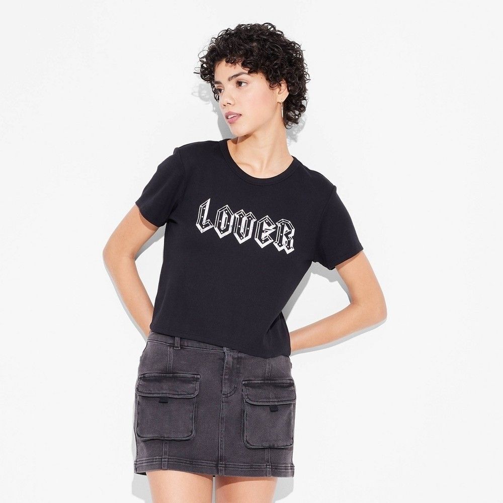Women's Lover Short Sleeve Graphic Baby T-Shirt Black Size XS